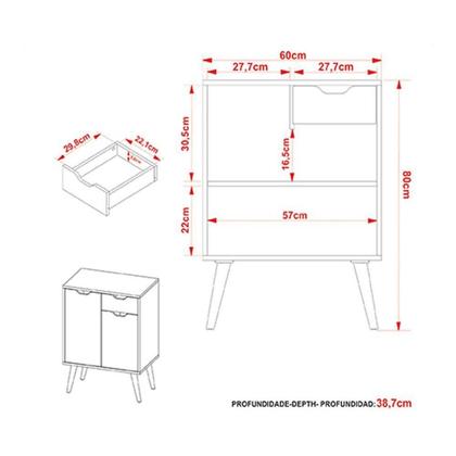Imagem de Balcão p/ Banheiro c/ Pés BN3637 s/ Cuba c/ 2 Portas e 1 Gaveta 60cm Branco - Tecno Mobili