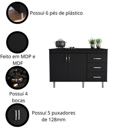Imagem de Balcão Para Cooktop 1,20m 5 Bocas 2 Portas E 3 Gavetas Turim Preto