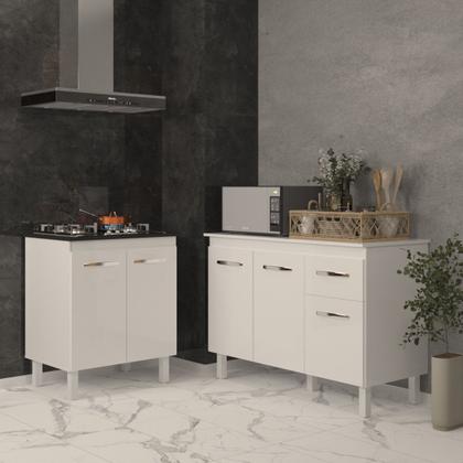 Imagem de Balcão Para Cooktop 4 Bocas Fran Branco e Armário Aline 118 cm Cozinha Gabinete Branco com Tampo Tampão Branco