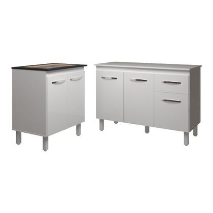 Imagem de Balcão Para Cooktop 4 Bocas Fran Branco e Armário Aline 118 cm Cozinha Gabinete Branco com Tampo Tampão Branco
