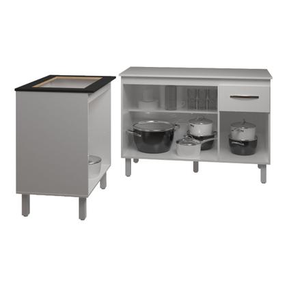 Imagem de Balcão Para Cooktop 4 Bocas Fran Branco e Armário Aline 118 cm Cozinha Gabinete Branco com Tampo Tampão Branco