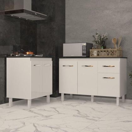 Imagem de Balcão Para Cooktop 4 Bocas Fran Branco E Armário Aline 118 Cm Cozinha Gabinete Branco Com Tampo Tampão Preto