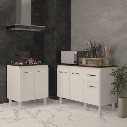 Imagem de Balcão Para Cooktop 4 Bocas Fran Branco E Armário Aline 118 Cm Cozinha Gabinete Branco Com Tampo Tampão Preto