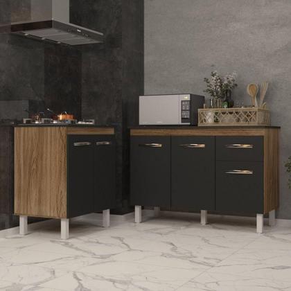 Imagem de Balcão Para Cooktop 4 Bocas Fran E Armário Aline 118 Cm Cozinha Gabinete Preto Com Tampo Tampão Preto