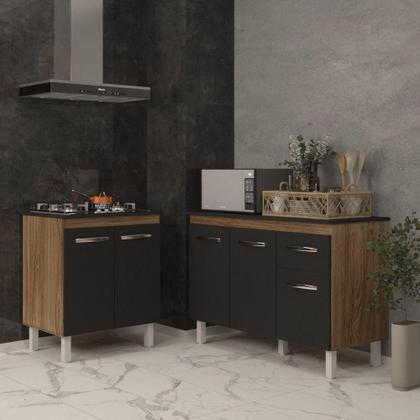 Imagem de Balcão Para Cooktop 4 Bocas Fran E Armário Aline 118 Cm Cozinha Gabinete Preto Com Tampo Tampão Preto