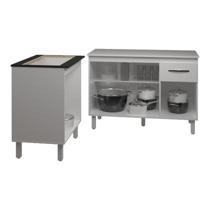 Imagem de Balcão Para Cooktop 5 Bocas Fran Branco e Armário Aline 118 cm Cozinha Gabinete Branco com Tampo Tampão Branco