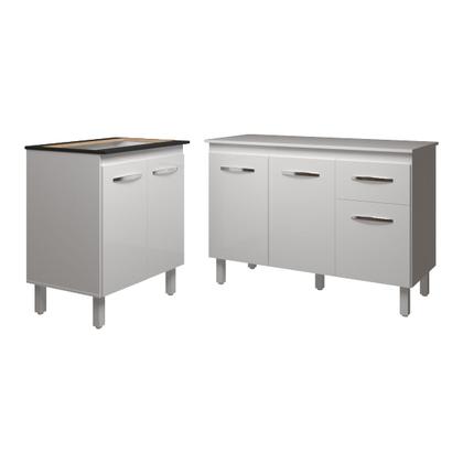 Imagem de Balcão Para Cooktop 5 Bocas Fran Branco e Armário Aline 118 cm Cozinha Gabinete Branco com Tampo Tampão Branco