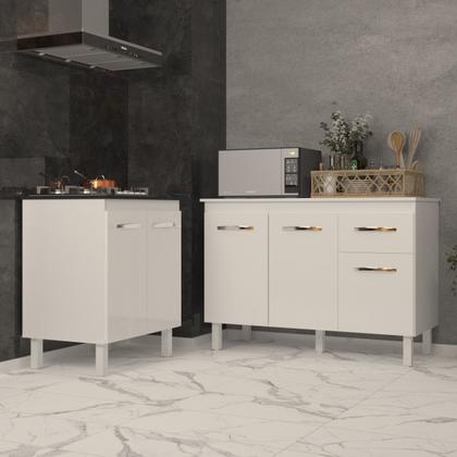 Imagem de Balcão Para Cooktop 5 Bocas Fran Branco e Armário Aline 118 cm Cozinha Gabinete Branco com Tampo Tampão Branco