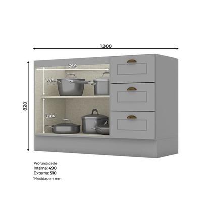 Imagem de Balcão para Cozinha 3 Gavetas 2 Portas com Tampo Emily Cinza/Calcare