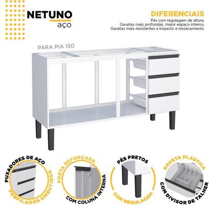 Imagem de Balcão para Cozinha em Aço 144cm 3 Portas 3 Gavetas Netuno