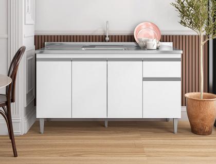 Imagem de Balcão Tatiane P/Cozinha 150cm 4 Portas 1 Gaveta - Sem tampo