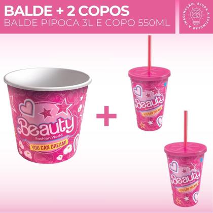 Imagem de Balde de Pipoca 3L + 02 Copo 550ml Com Tampa Reta Canudo