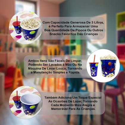 Imagem de Balde De Pipoca Kit Com Copo Desenhos Decorativos Divertido Personalizado Infantil Cinema Séries