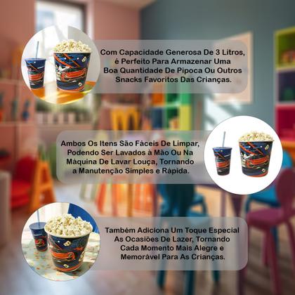 Imagem de Balde De Pipoca Kit Com Copo Desenhos Decorativos Divertido Personalizado Infantil Cinema Séries