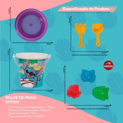 Imagem de Balde de Praia do Stitch Infantil Colorido com 7 peças