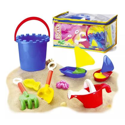 Imagem de Balde de Praia Kit c/ 8 Peças Para Brincar Areia Infantil
