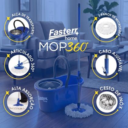 Imagem de Balde Mop Esfregao Giratório 360º 13L Centrifuga Inox Com 2 Refis Fasterr