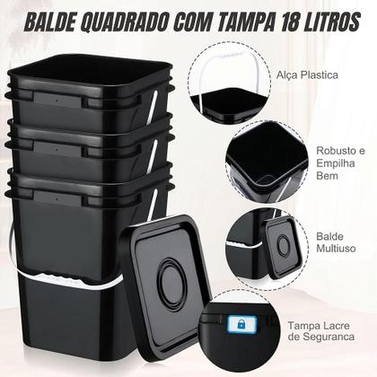 Imagem de Balde Quadrado de Plástico 18 Litros com Tampa de Segurança e Alça - Kit com 2 Peças