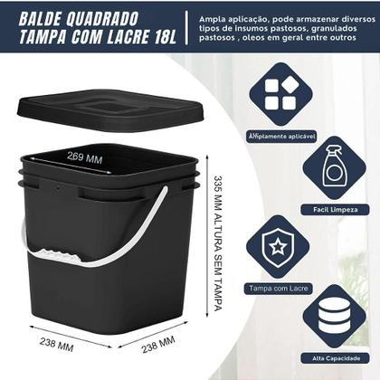 Imagem de Balde Quadrado de Plástico 18 Litros com Tampa de Segurança e Alça - Kit com 2 Peças