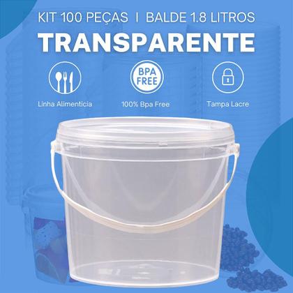 Imagem de Balde Transparente 1.8L Atóxico com Tampa Lacre BPA FREE - 100 Peças