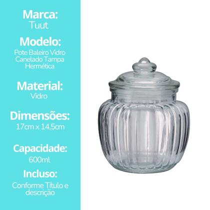 Imagem de Baleiro Vidro Canelado Transparente Decor Tampa Hermética 600ml - Tuut