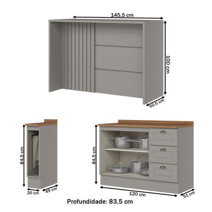 Imagem de Bancada de Cozinha Kit Ilha Gourmet Americana 2 Portas 3 Gavetas Ripado Nature/Cinza - Henn