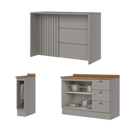 Imagem de Bancada de Cozinha Kit Ilha Gourmet Americana 2 Portas 3 Gavetas Ripado Nature/Cinza - Henn