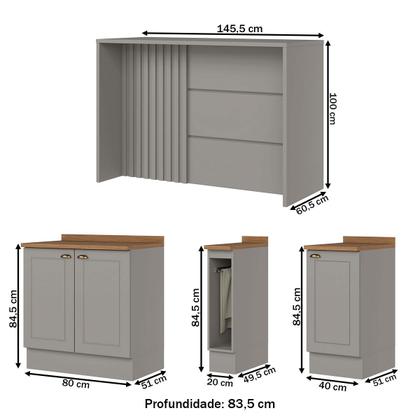 Imagem de Bancada de Cozinha Kit Ilha Gourmet Americana 3 Portas Ripado Nature/Cinza - Henn
