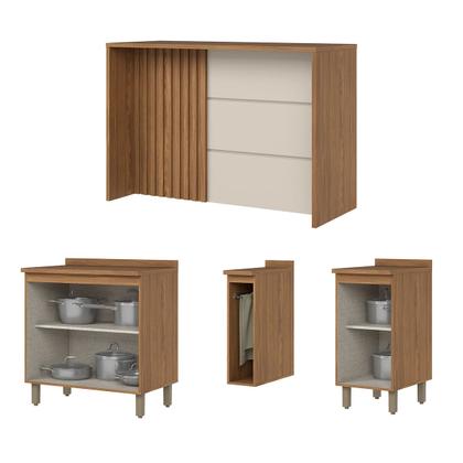 Imagem de Bancada de Cozinha Kit Ilha Gourmet Requinte 3 Portas Ripado Nature/Areia - Henn