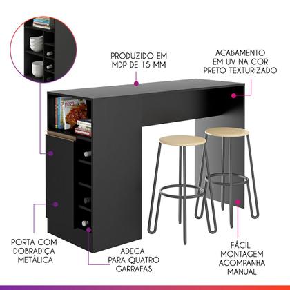 Imagem de Bancada Gourmet Ilha de Cozinha Americana 136x92cm 1 Porta Nicho Adega Preto