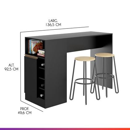 Imagem de Bancada Gourmet Ilha de Cozinha Americana 136x92cm 1 Porta Nicho Adega Preto
