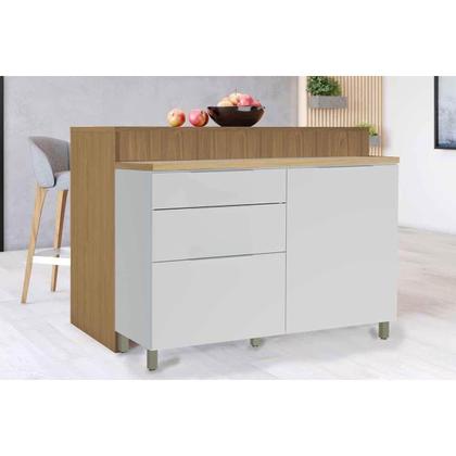 Imagem de Bancada Ilha Cozinha Marquesa c/ 1 Porta e 3 Gavetas 120cm Branca/Nature - Nesher
