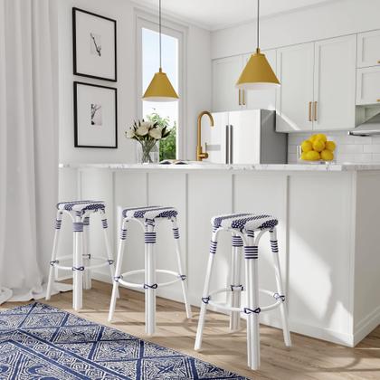 Imagem de Banco de bar Offex Transitional Round Rattan azul e branco