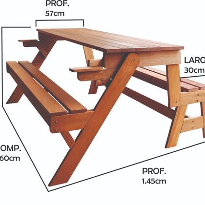Imagem de Banco que Vira Mesa 1,60 Metros 4 Lugares, em Cera, Madeira Maciça e Eucalipto