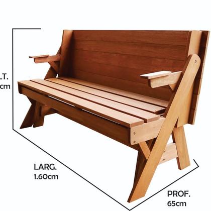 Imagem de Banco que Vira Mesa 1,60 Metros 4 Lugares, em Cera, Madeira Maciça e Eucalipto