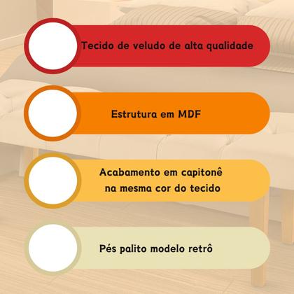 Imagem de Banco Recamier Estofado com Capitonê Pés Palito Estilo Retrô para Quarto Solteiro 90cm para Cama Box Sala Luxuoso com Tecido Veludo Calçadeira