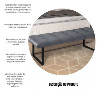 Imagem de Banco Recamier Estofado Quarto Solteiro 90cm com Tecido de Veludo com Capitonê e Pés de Ferro Estilo Industrial para Cama Box Decorativo Luxuoso