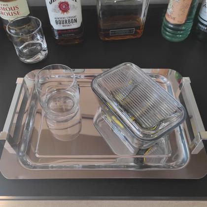 Imagem de Bandeja Aço Inox Retangular Pequena com Alças para Servir Café Lanches 36x25,5cm Zanella