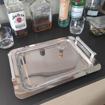 Imagem de Bandeja Aço Inox Retangular Pequena com Alças para Servir Café Lanches 36x25,5cm Zanella