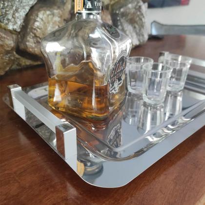 Imagem de Bandeja Aço Inox Retangular Pequena com Alças para Servir Café Lanches 36x25,5cm Zanella