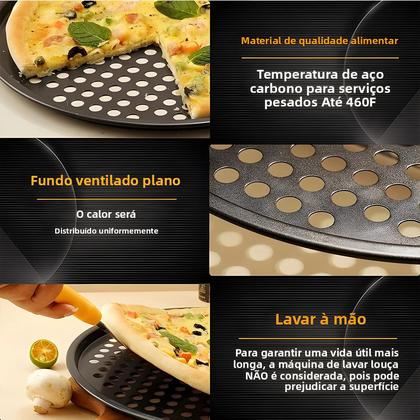 Imagem de Bandeja Antiaderente de Aço Carbono para Pizza - Prato Redondo com Furos