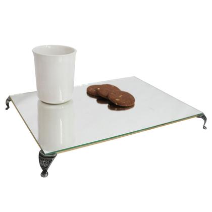 Imagem de Bandeja Clássica Retangular Espelhada Pé Grande Prata Velho 30x18 MDF Madeira