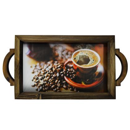 Imagem de Bandeja Com Alça Grãos e Xicará Café 50x25x6 Madeira Pinus