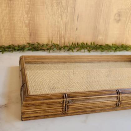 Imagem de Bandeja de Madeira com Sisal e Vidro 38x24cm Ideal para Moveis, Aparado e Café Wolff Luxo