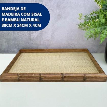 Imagem de Bandeja de Madeira com Sisal e Vidro 38x24cm Ideal para Moveis, Aparado e Café Wolff Luxo
