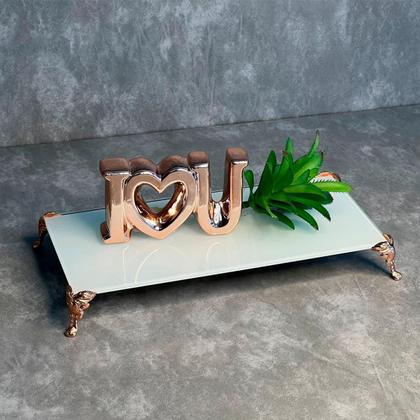 Imagem de Bandeja Decorativa de Vidro Branco com Pés em Metal Rose 12 x 25 cm