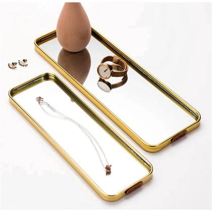 Imagem de Bandeja Decorativa Retangular 30x10cm Metal Dourado com Fundo Espelhado