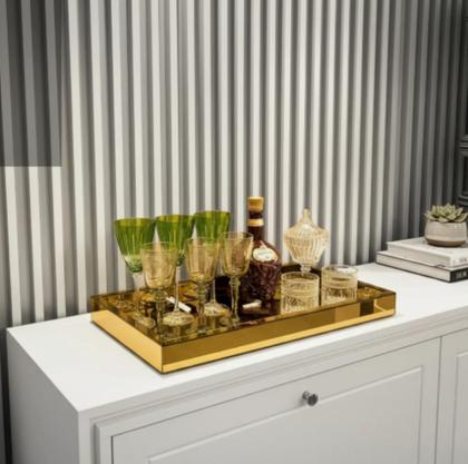 Imagem de Bandeja Dourada Espelhada Vidro Decoração Luxo