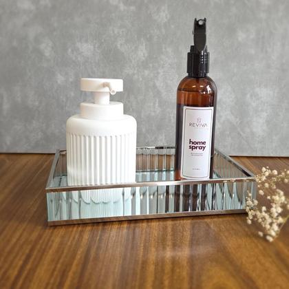 Imagem de Bandeja em Vidro Canelado Com Espelho e Borda Metal Prata 23x14 cm