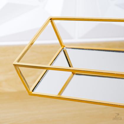 Imagem de Bandeja Espelhada Retangular Metal Decoração Lavabo Quarto Dourada 23x16cm Alira Home